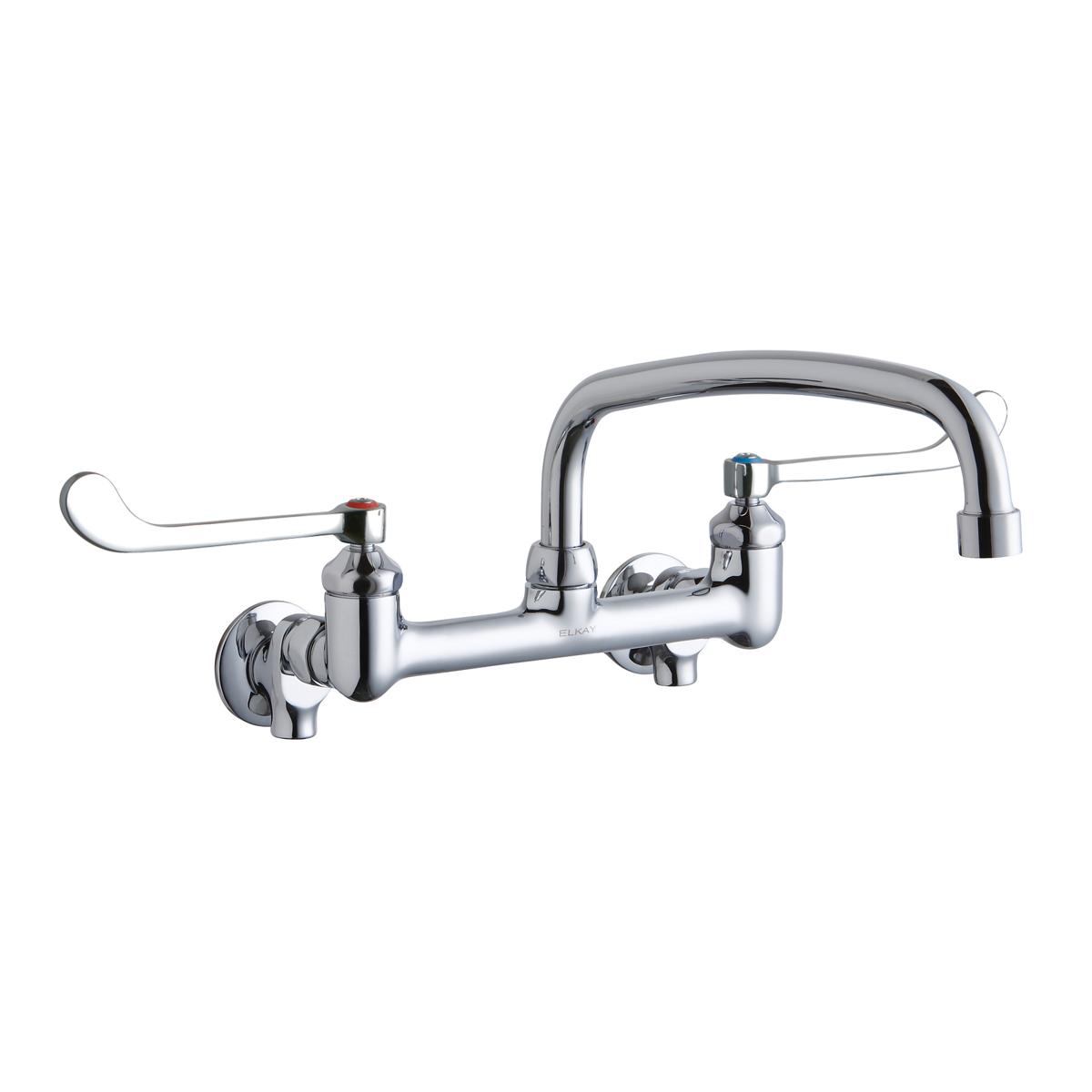 Chrome wall-mounted faucet with arcing spout, wristblade handles, and offset inlets for commercial foodservice use.