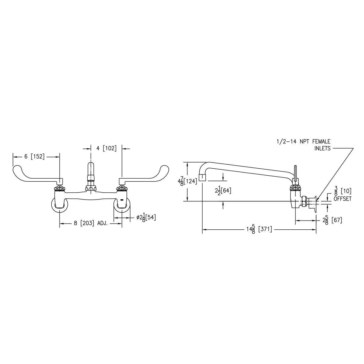 Wall-mount faucet with dual wristblade handles, arc tube spout, and dimensional specifications shown.
