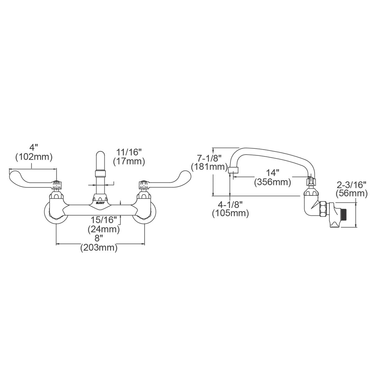 Wall-mounted commercial faucet with 14-inch arc spout, wristblade handles, and dimension specifications labeled.