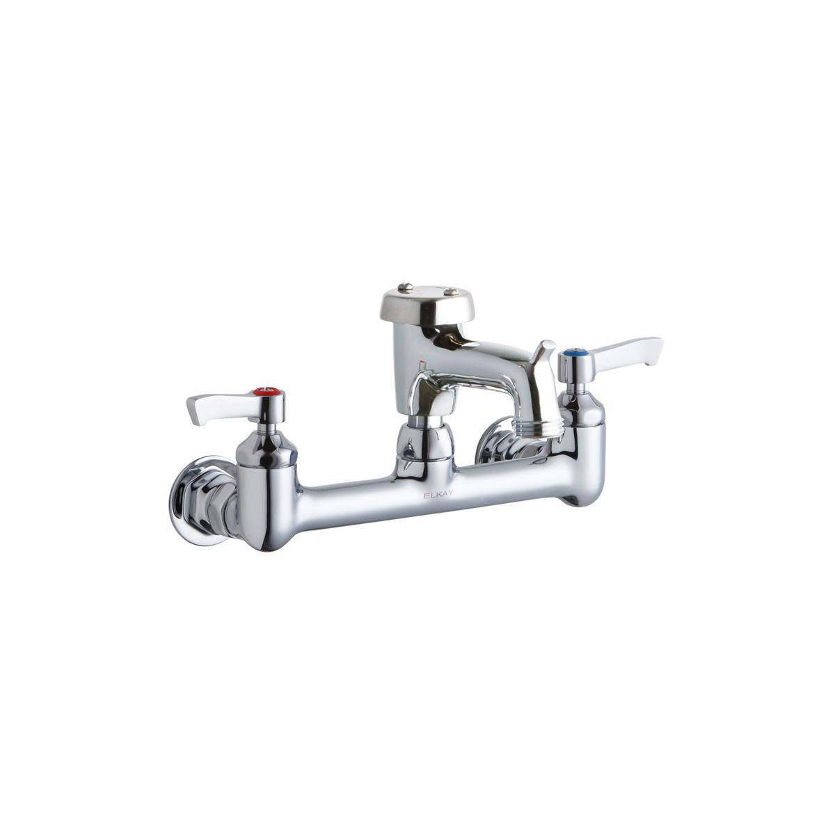 Polished chrome wall-mount faucet with two lever handles, bucket hook spout, and dual valve outlets.
