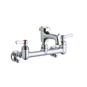 Polished chrome wall-mount faucet with two lever handles, curved spout, bucket hook, and red and blue indicator markers.