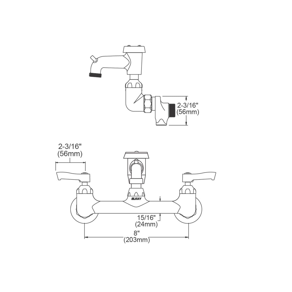 Polished chrome wall-mount faucet with 8-inch centerset, dual lever handles, curved spout, and bucket hook attachment shown i