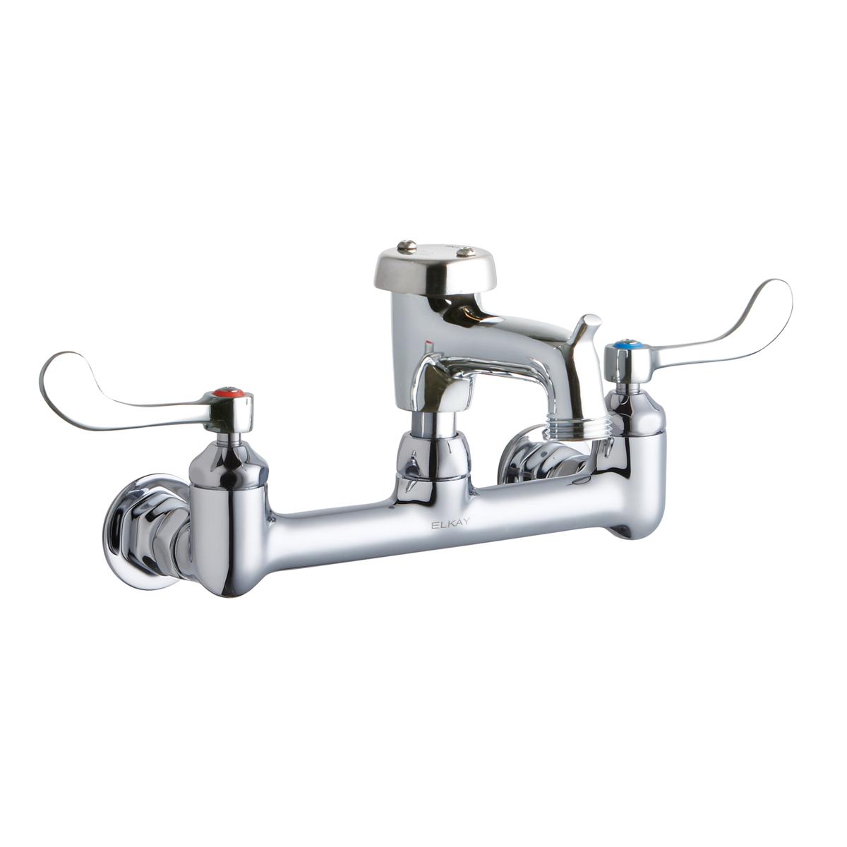 Polished chrome wall-mount faucet with dual wristblade handles, central spout, and bucket hook.