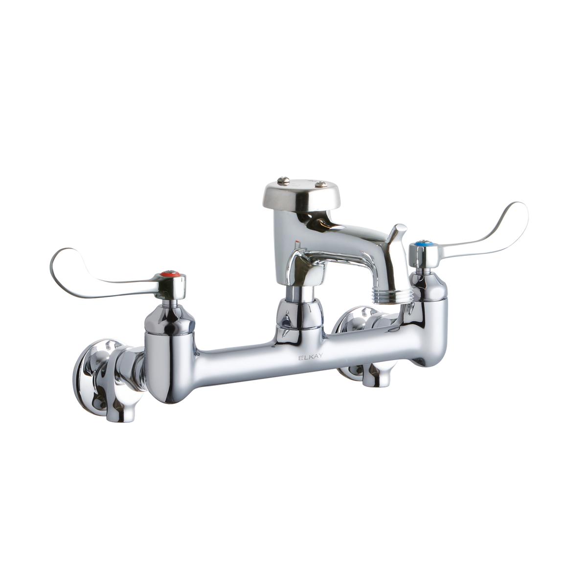 Polished chrome wall-mount faucet with dual wristblade handles, bucket hook, and curved spout.