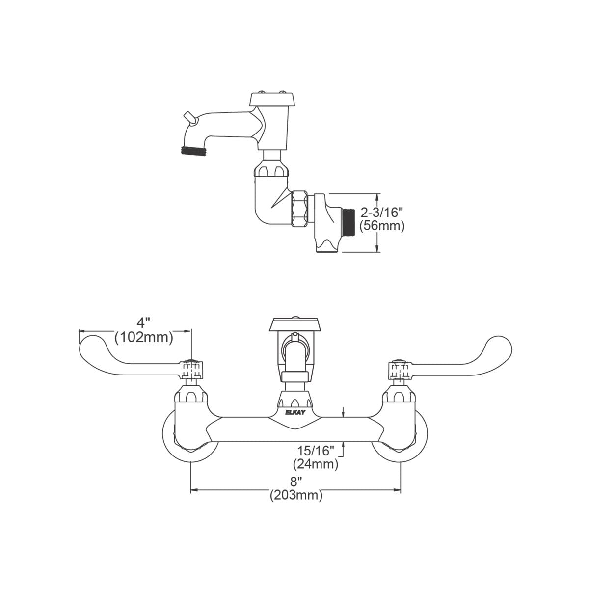 Polished chrome wall-mount faucet with 8" centerset, curved spout, wristblade handles, and bucket hook shown in technical dia