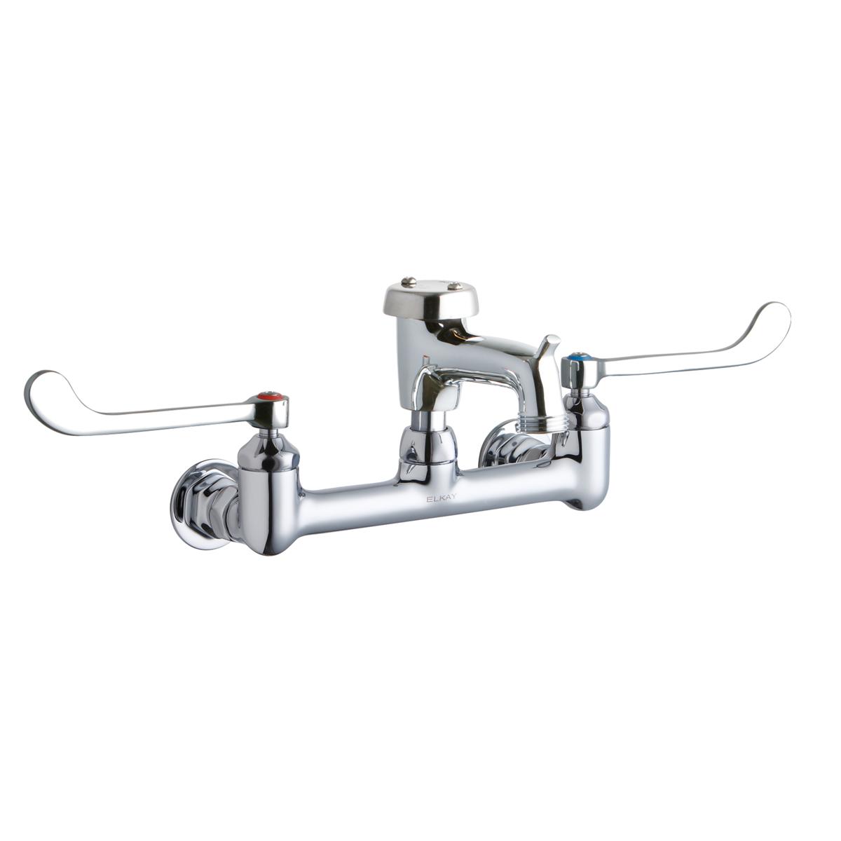 Polished chrome wall-mount faucet with dual wristblade handles and curved bucket hook spout.