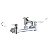 Polished chrome wall-mount faucet with dual wristblade handles and curved bucket hook spout.