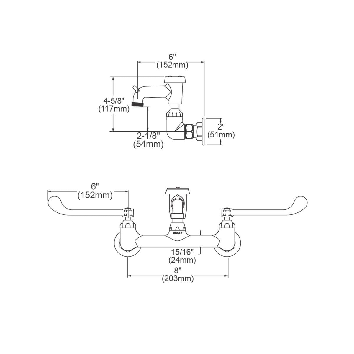 Polished chrome wall-mount faucet with dual wristblade handles and curved bucket hook spout, shown in elevation and plan view