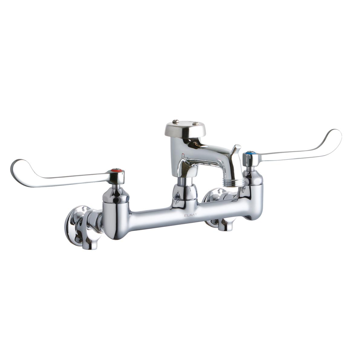 Polished chrome wall-mount faucet with two curved wristblade handles, central spout, and bucket hook.