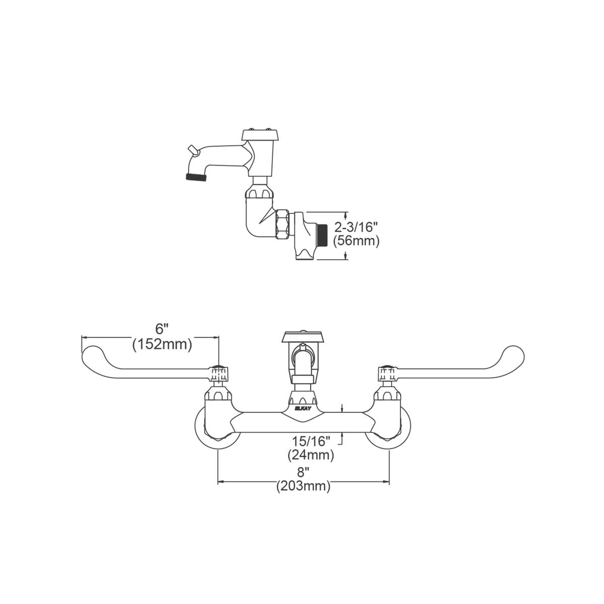 Polished chrome wall-mount faucet with 6" wristblade handles, 8" centerset, spout, bucket hook, and offset inlets with stop v