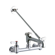 Polished chrome wall-mount faucet with two lever handles, extended bucket hook spout, and circular mounting plate.
