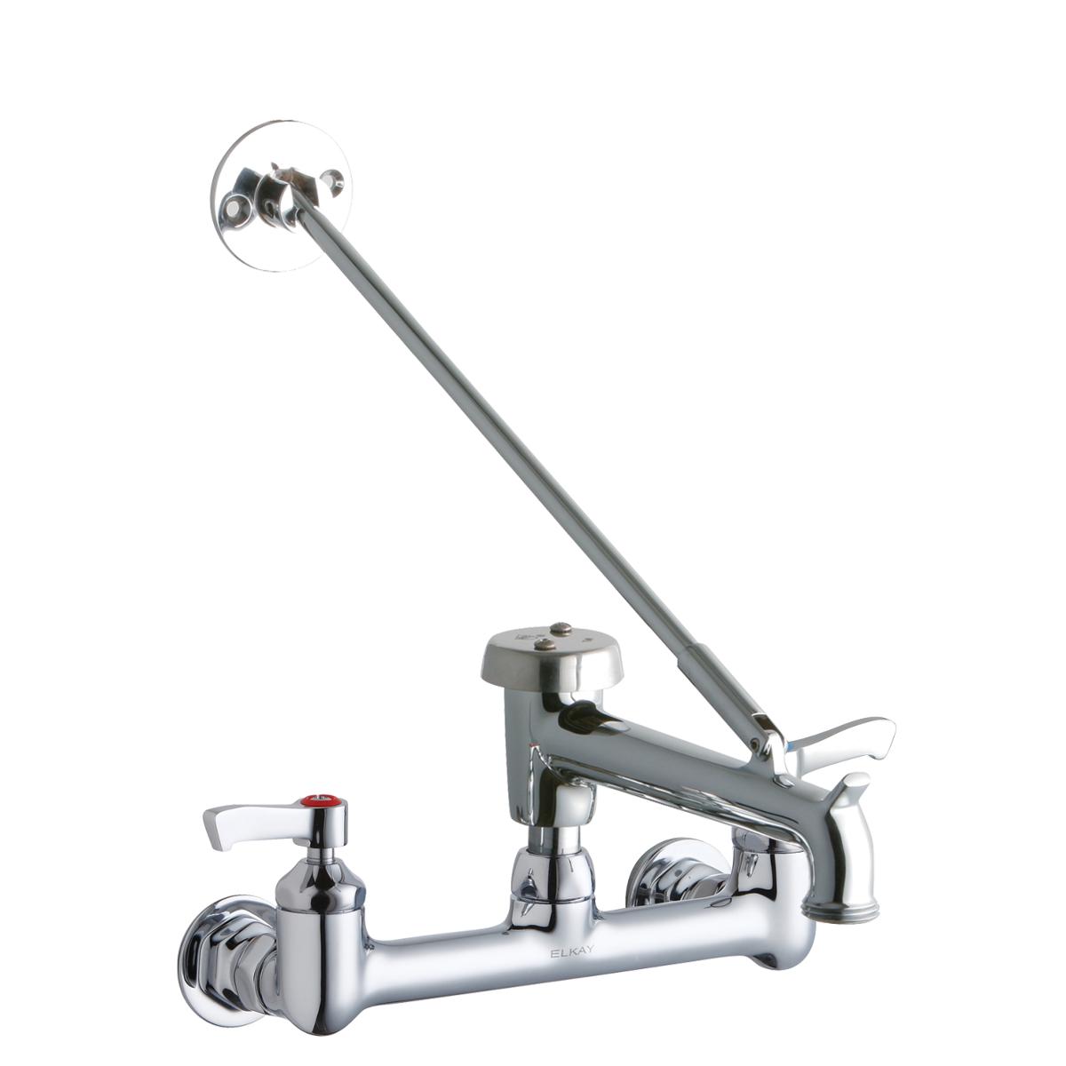Polished chrome wall-mount faucet with two lever handles, extended bucket hook spout, and circular mounting plate.