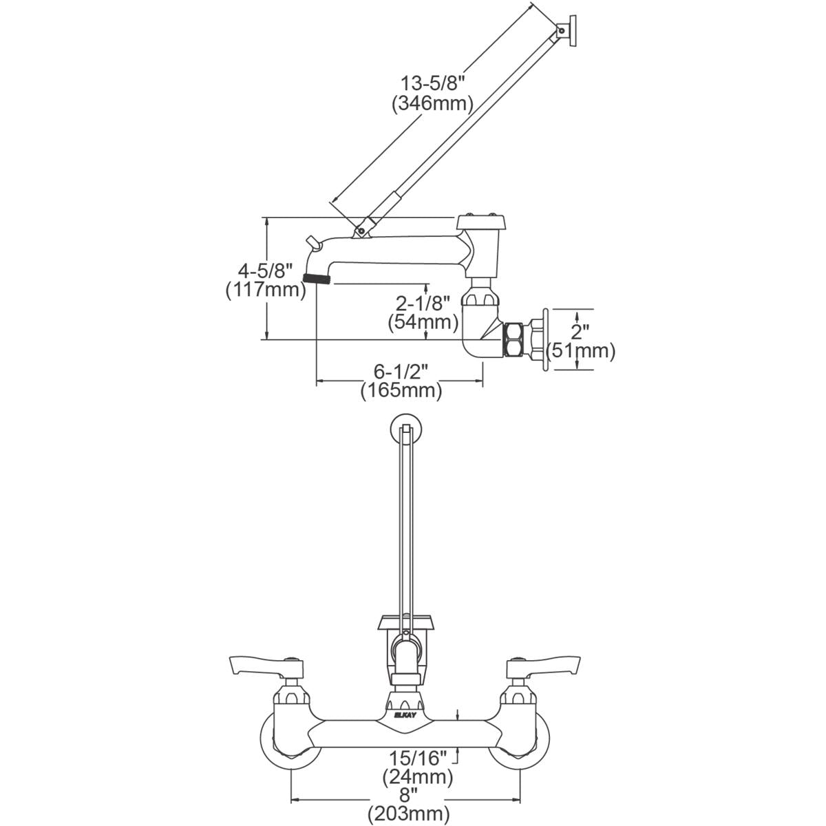 Polished chrome wall-mount faucet with 7" bucket hook spout, 2" lever handles, and dimensional specifications labeled.