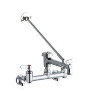 Polished chrome wall-mount faucet with two lever handles, swing spout, and bucket hook on rigid pipe.