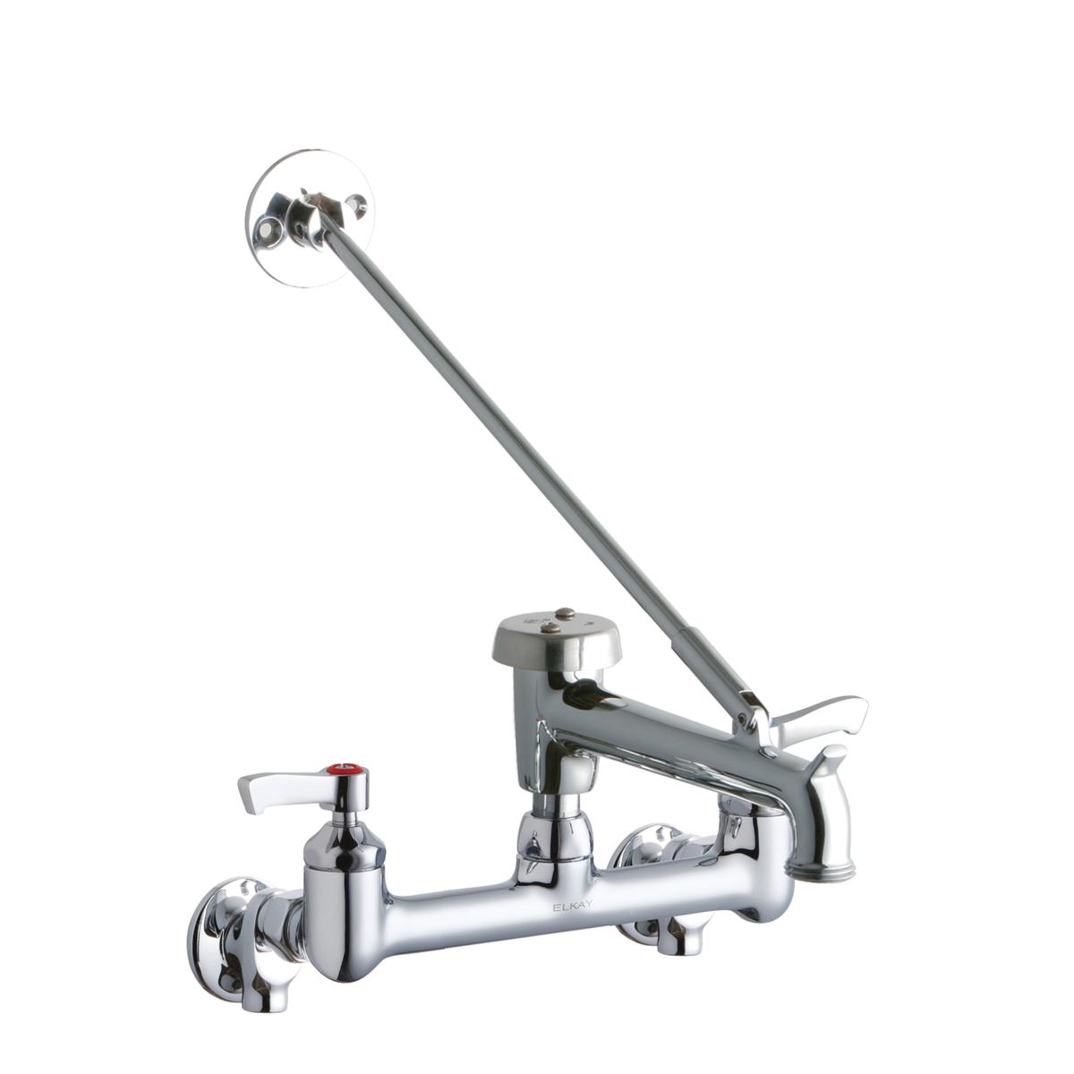 Polished chrome wall-mount faucet with two lever handles, swing spout, and bucket hook on rigid pipe.
