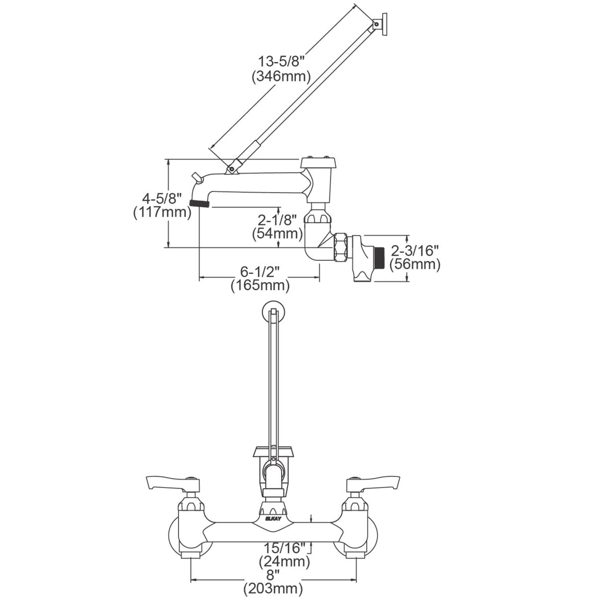 Wall-mounted polished chrome faucet with 8" centerset, two lever handles, angled spout, bucket hook, and stop valves.