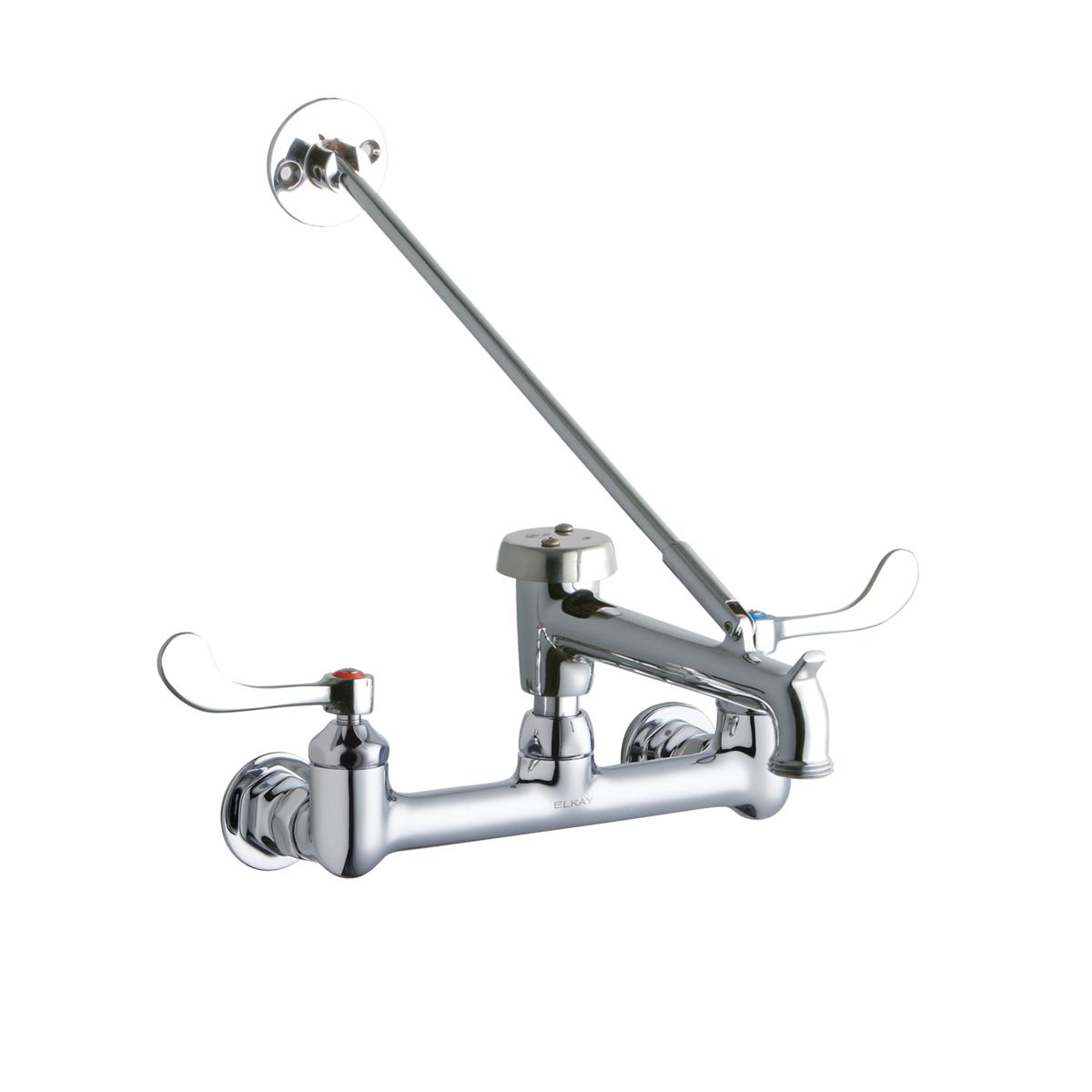 Elkay 8" Centerset Wall Mount Faucet w/7" Bucket Hook Spt 4in Wristblade Handles 1/2" Offset Inlet Polished Chrome