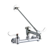 Polished chrome wall-mount faucet with dual wristblade handles, swing spout, and bucket hook attachment.