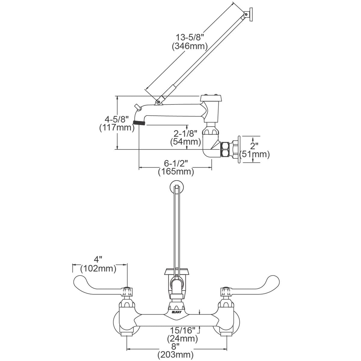 Elkay 8" Centerset Wall Mount Faucet w/7" Bucket Hook Spt 4in Wristblade Handles 1/2" Offset Inlet Polished Chrome