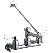 Polished chrome wall-mount faucet with 8" centerset, wristblade handles, bucket hook spout, and stop valves.