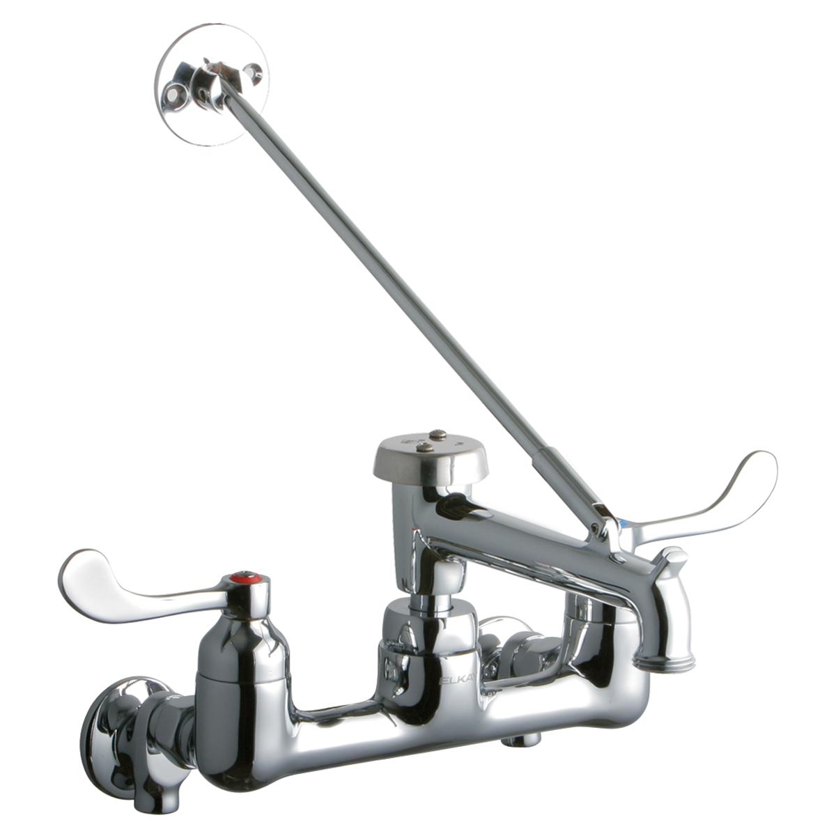 Polished chrome wall-mount faucet with 8" centerset, wristblade handles, bucket hook spout, and stop valves.