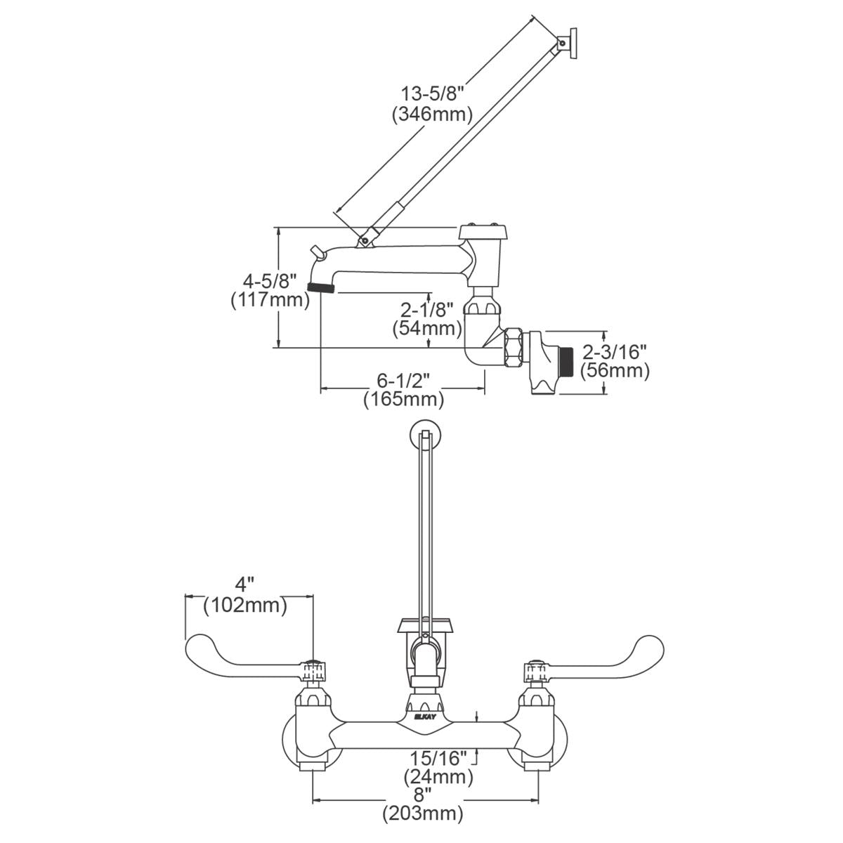 Polished chrome wall-mount faucet with wristblade handles, swivel spout, and bucket hook shown in technical schematic with di