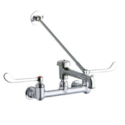 Polished chrome wall-mounted faucet with two wristblade handles, curved spout, and bucket hook attachment.