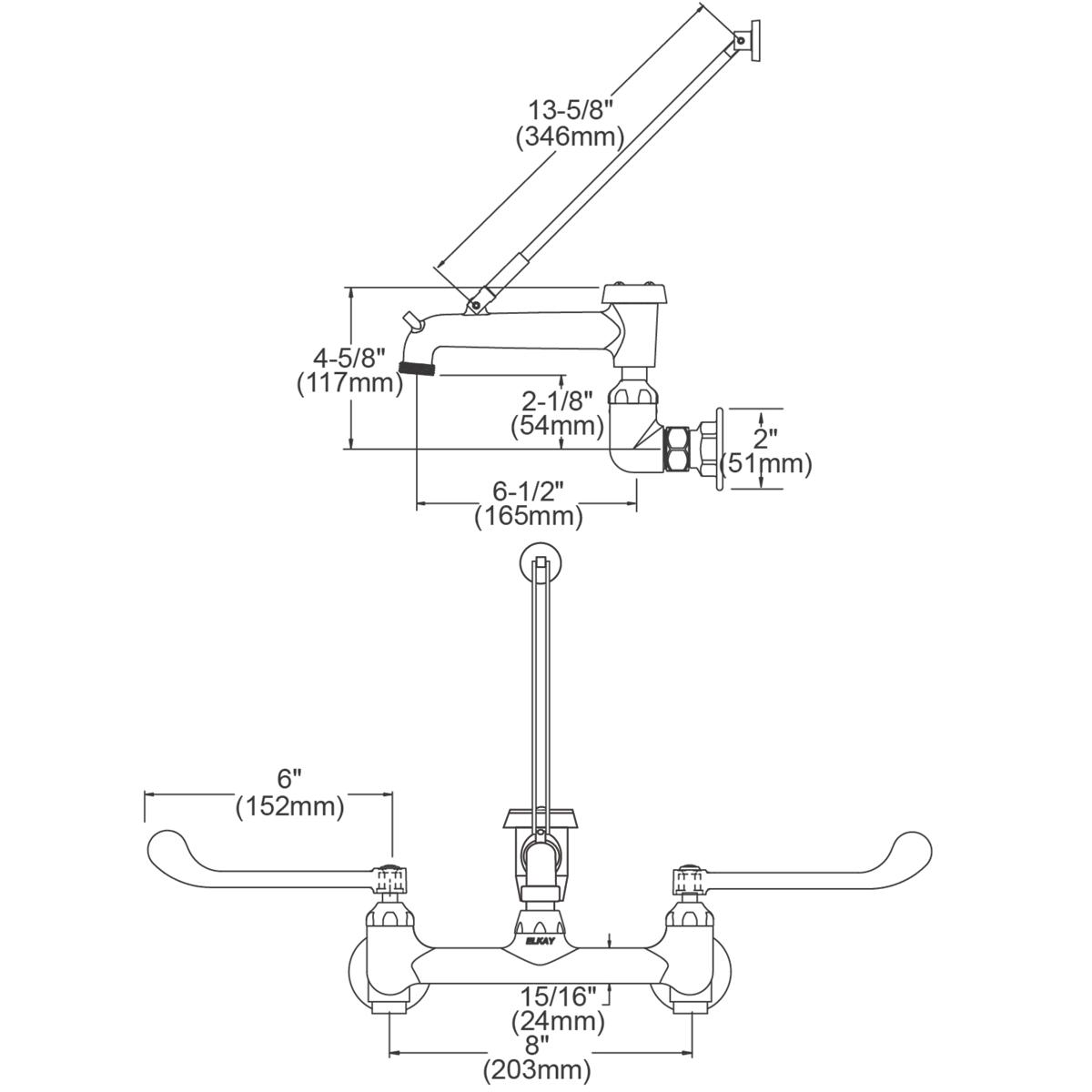 Elkay 8" Centerset Wall Mount Faucet w/7" Bucket Hook Spt 6in Wristblade Handles 1/2" Offset Inlet Polished Chrome