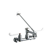 Polished chrome wall-mount faucet with two wristblade handles, curved bucket hook spout, and wall-mounted supply line.