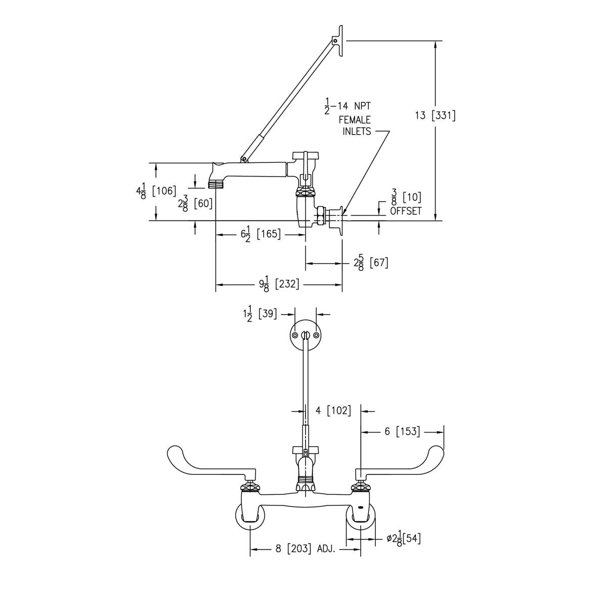 Wall-mounted faucet with angled bucket hook spout, wristblade handles, and stop valves shown in technical drawing.