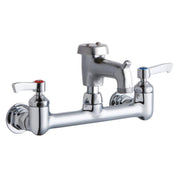 Chrome wall-mount faucet with two white lever handles, curved bucket hook spout, and decorative cap on top.