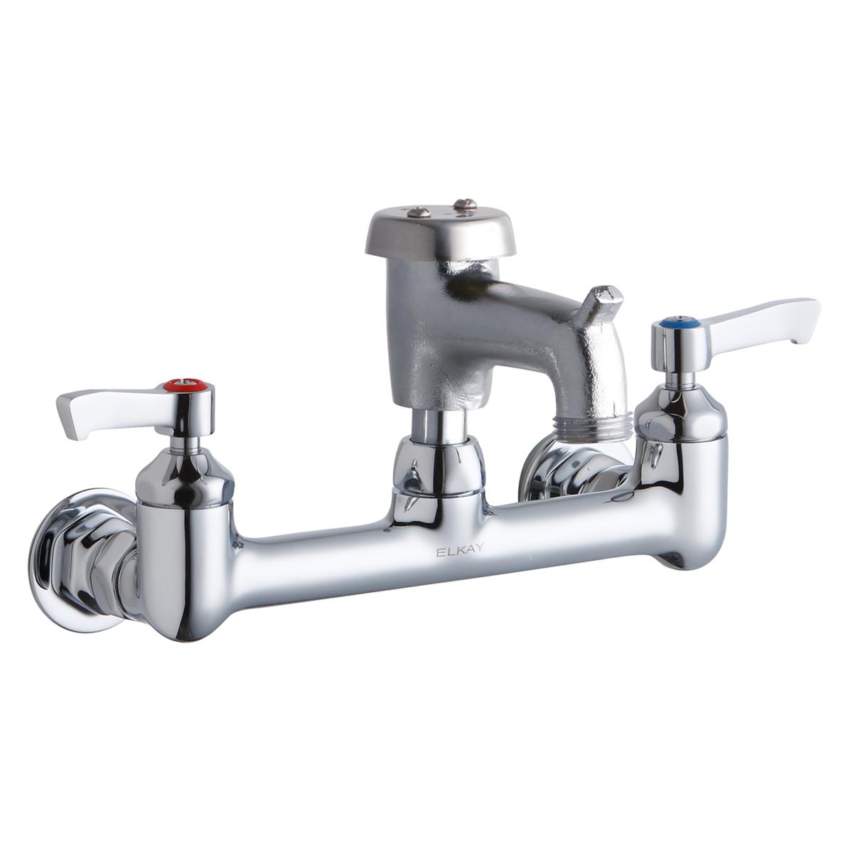 Chrome wall-mount faucet with two white lever handles, curved bucket hook spout, and decorative cap on top.