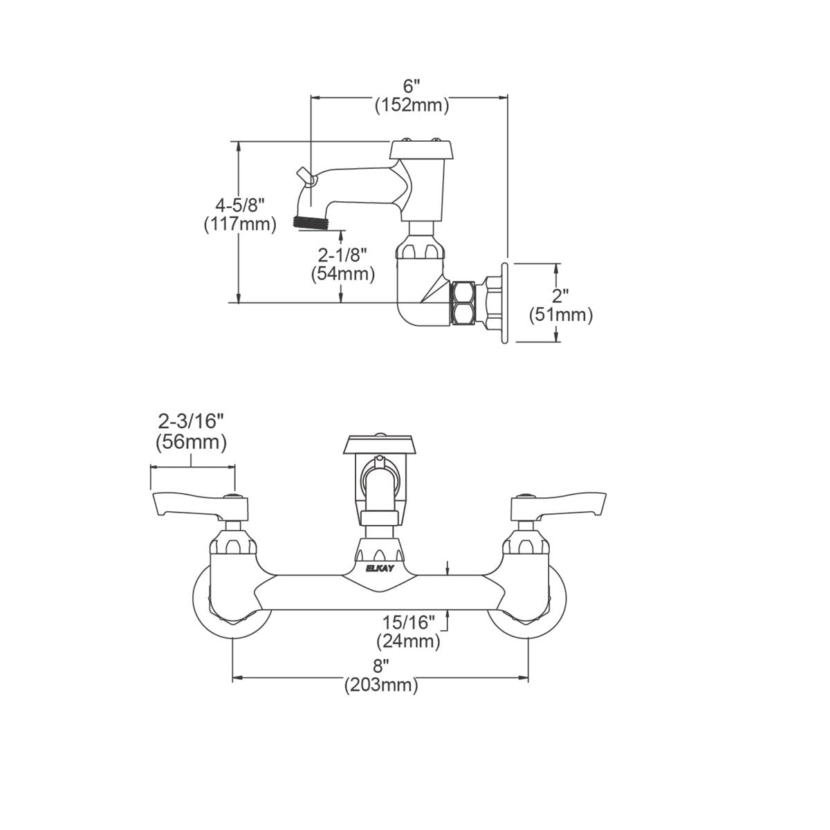 Chrome wall-mount faucet with two lever handles, bucket hook spout, and dimension specifications shown in technical drawings.