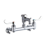 Chrome wall-mount faucet with 8" centerset, dual wristblade handles, bucket hook, and offset inlets with stop valve.
