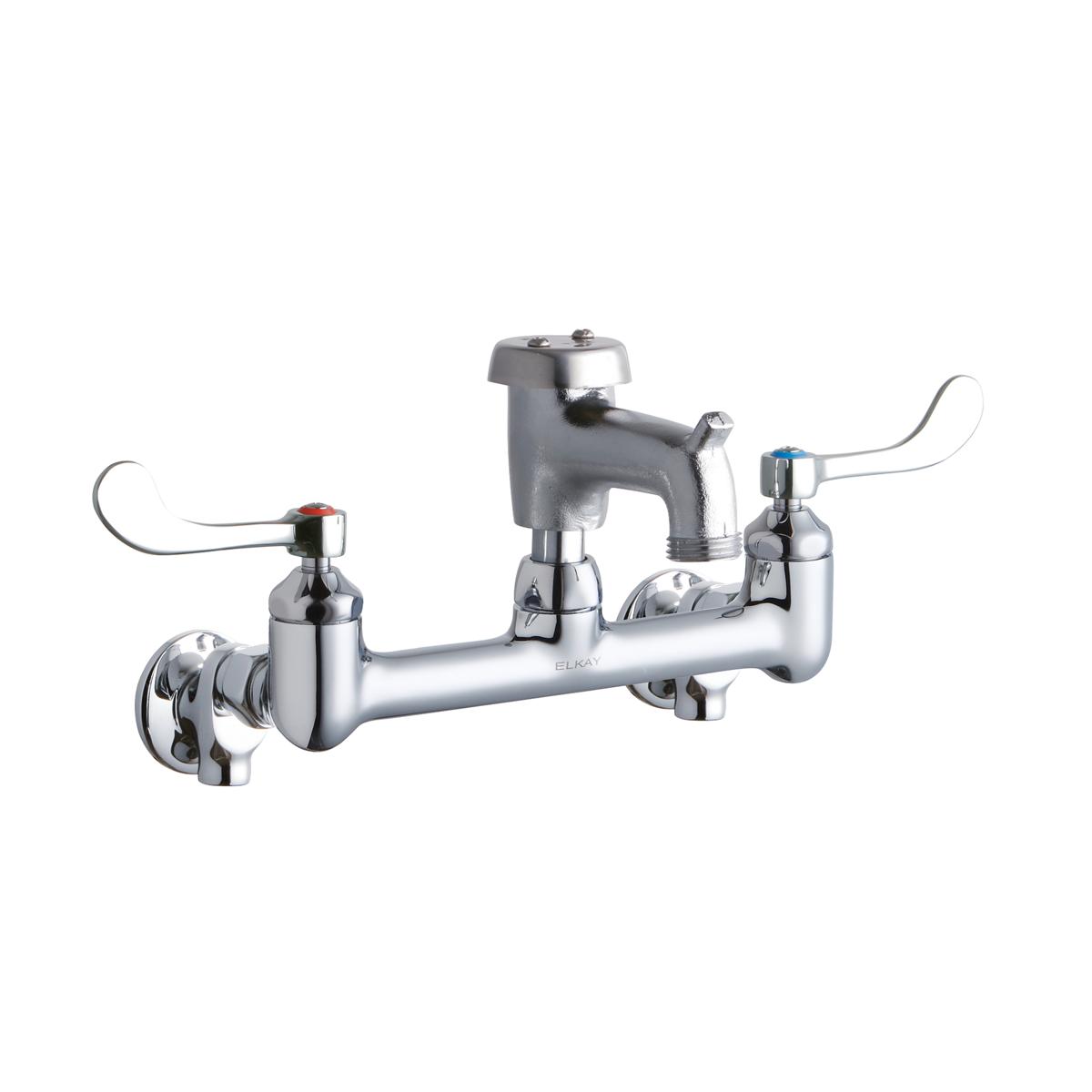 Chrome wall-mount faucet with 8" centerset, dual wristblade handles, bucket hook, and offset inlets with stop valve.