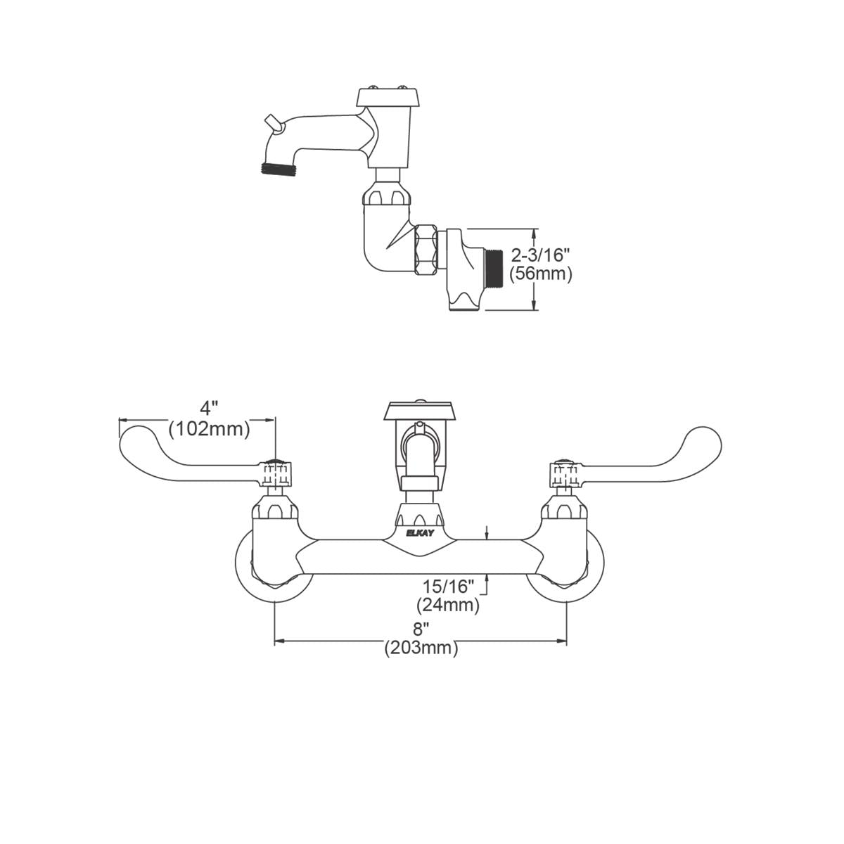 Chrome wall-mount faucet with 8" centerset, wristblade handles, bucket hook spout, and dimension specifications.