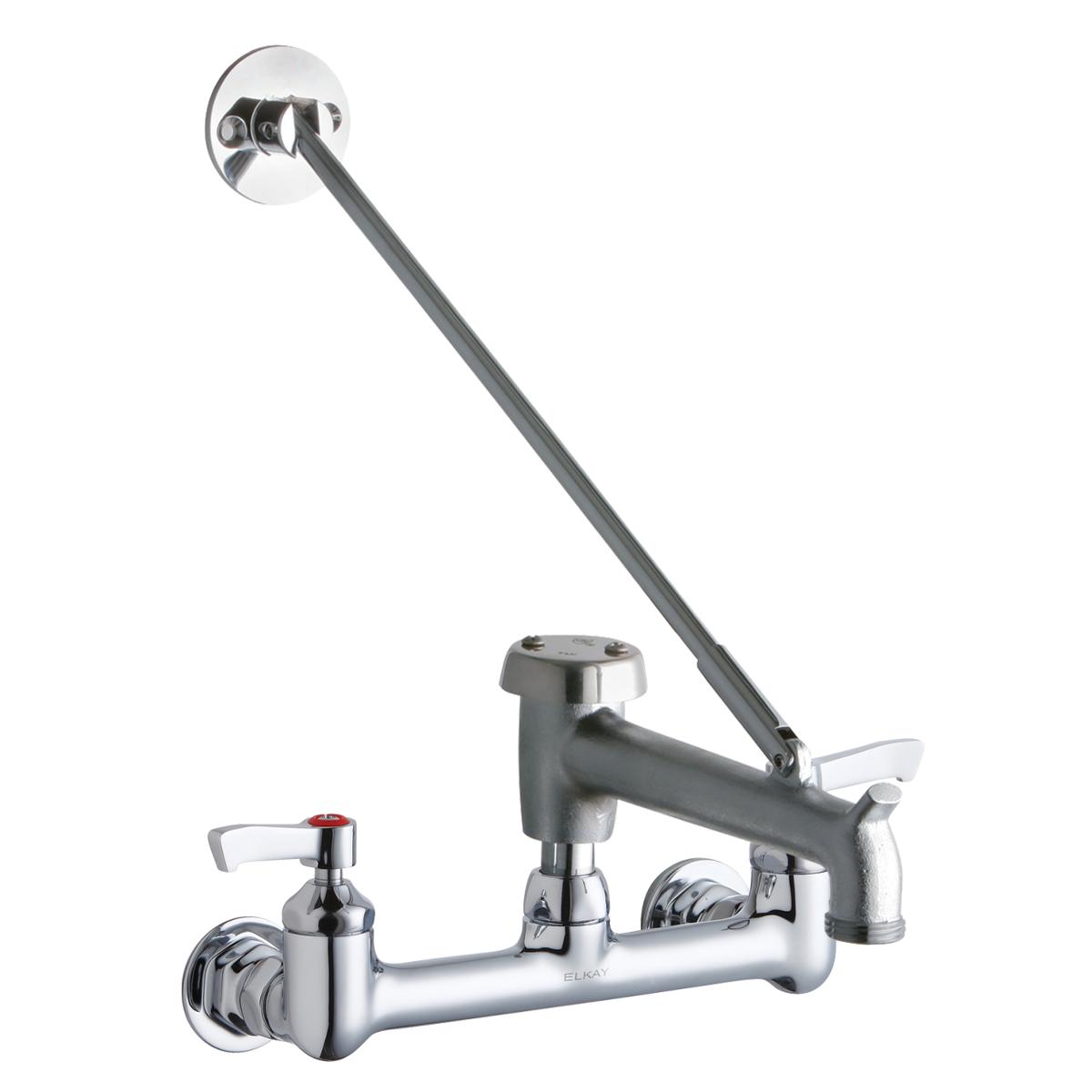 Chrome wall-mounted faucet with two lever handles, curved bucket hook spout, and overhead spray arm.