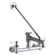 Chrome wall-mounted faucet with two lever handles, curved bucket hook spout, and overhead spray arm.
