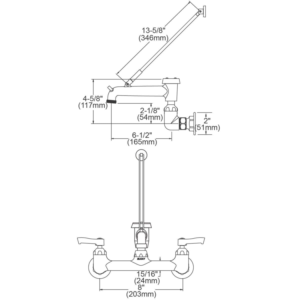 Chrome wall-mount faucet with angled bucket hook spout, lever handles, and dimension specifications shown.
