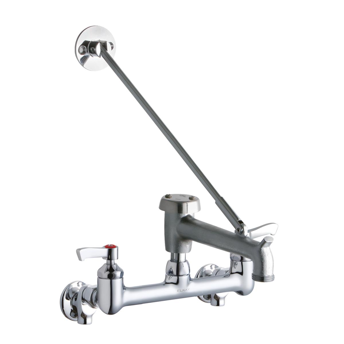 Chrome wall-mount faucet with two lever handles, angled spout, bucket hook, and supply line connections.
