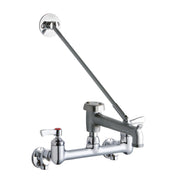 Chrome wall-mount faucet with two lever handles, angled spout, bucket hook, and supply line connections.