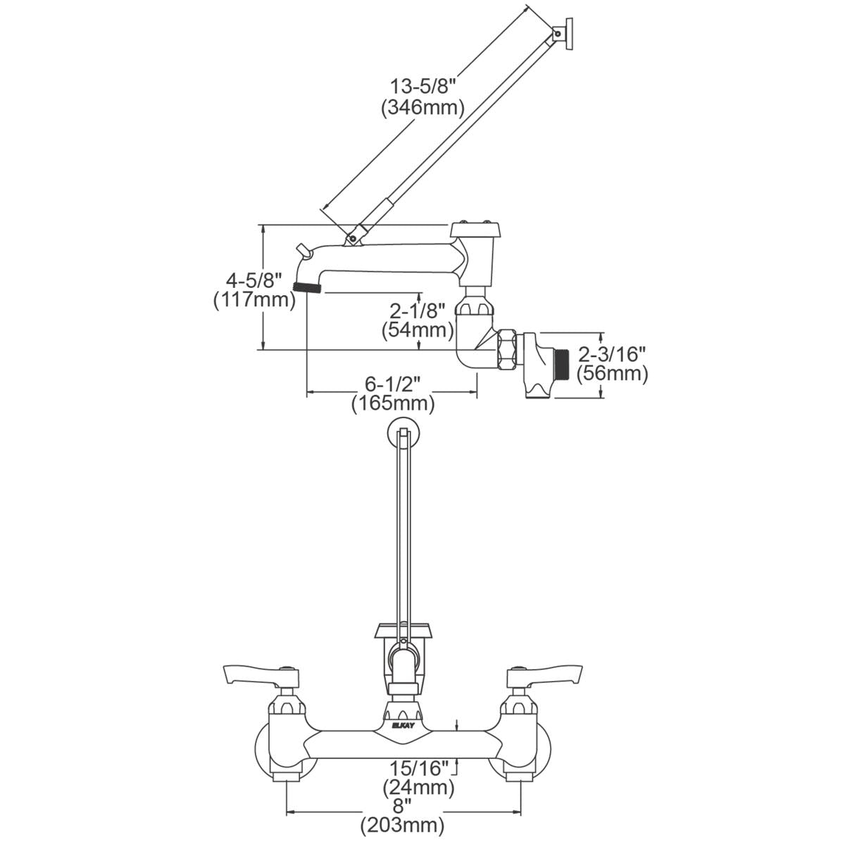 Wall-mounted faucet with 8" centerset, two lever handles, angled spout with bucket hook, and supply line connections with mea