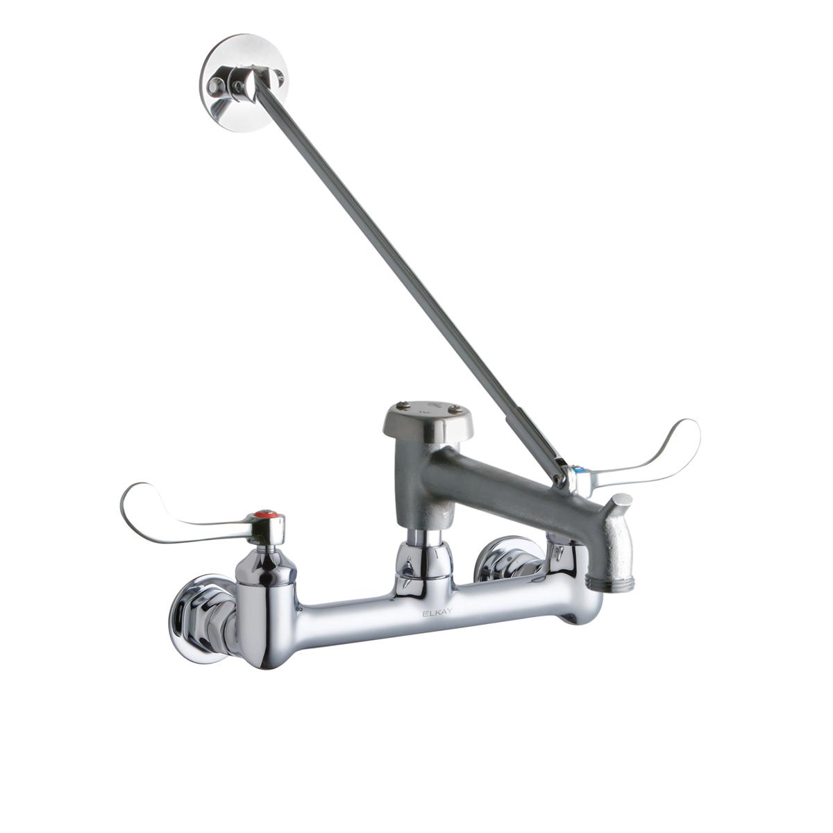 Chrome wall-mounted faucet with dual wristblade handles, angled spout, overhead spray, and bucket hook.