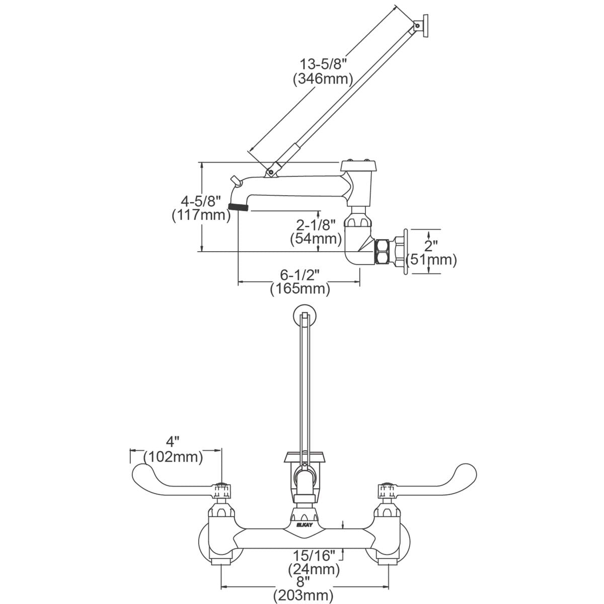 Chrome wall-mount faucet with 8" centerset spacing, 4" wristblade handles, angled bucket hook spout, and dimension specificat