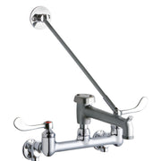 Chrome wall-mount faucet with 8" centerset, dual wristblade handles, elevated spout, and bucket hook.