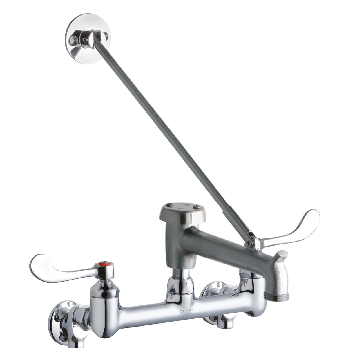 Chrome wall-mount faucet with 8" centerset, dual wristblade handles, elevated spout, and bucket hook.