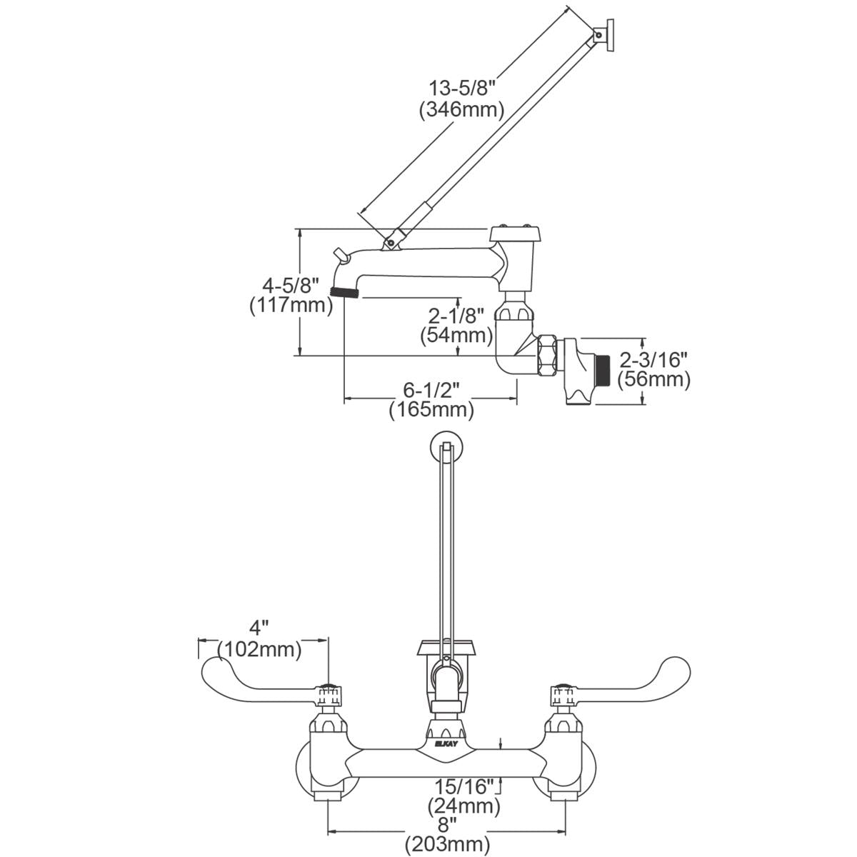 Wall-mount faucet with angled spout, wristblade handles, and bucket hook with dimensional specifications.