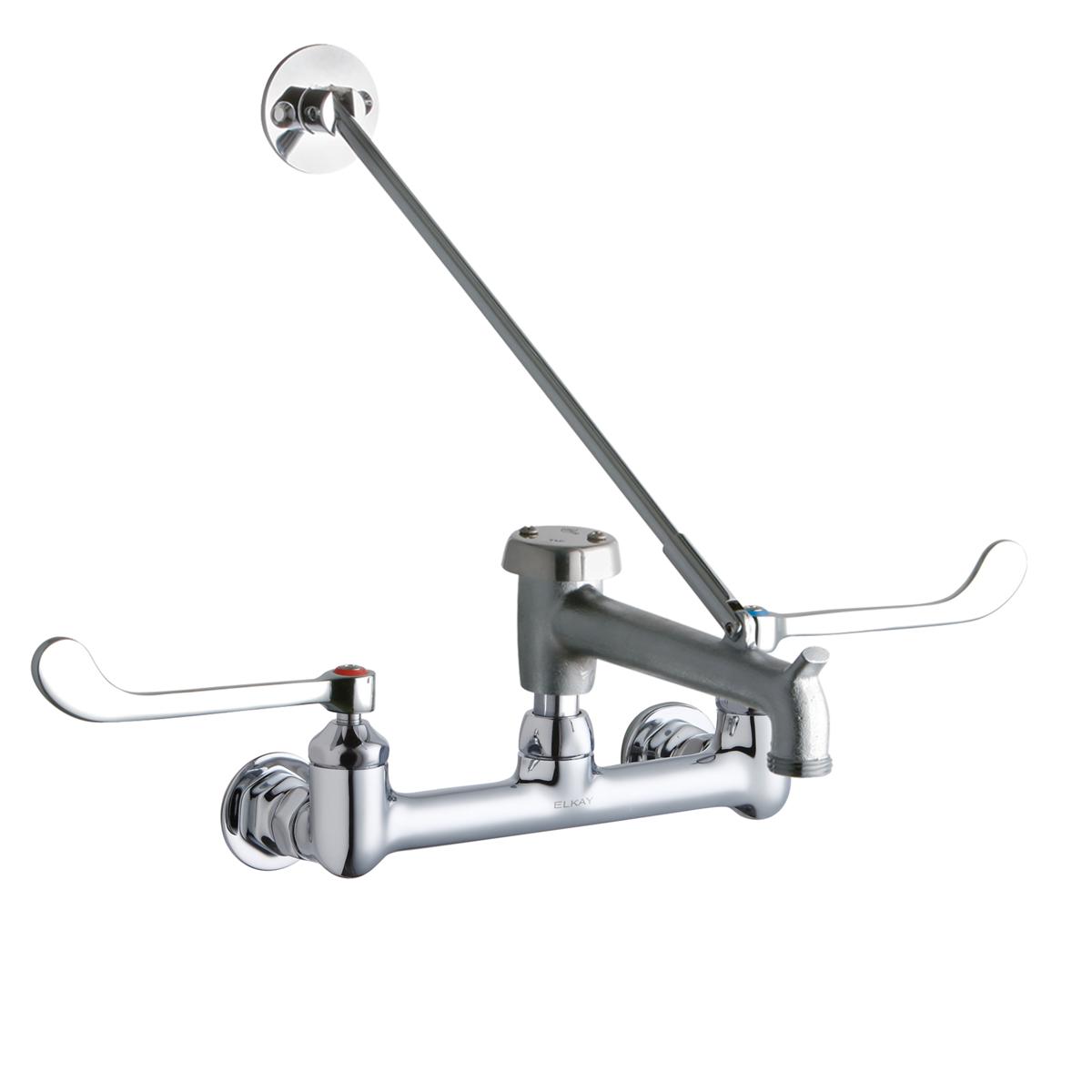 Chrome wall-mount faucet with dual wristblade handles, overhead spray arm, and bucket hook.