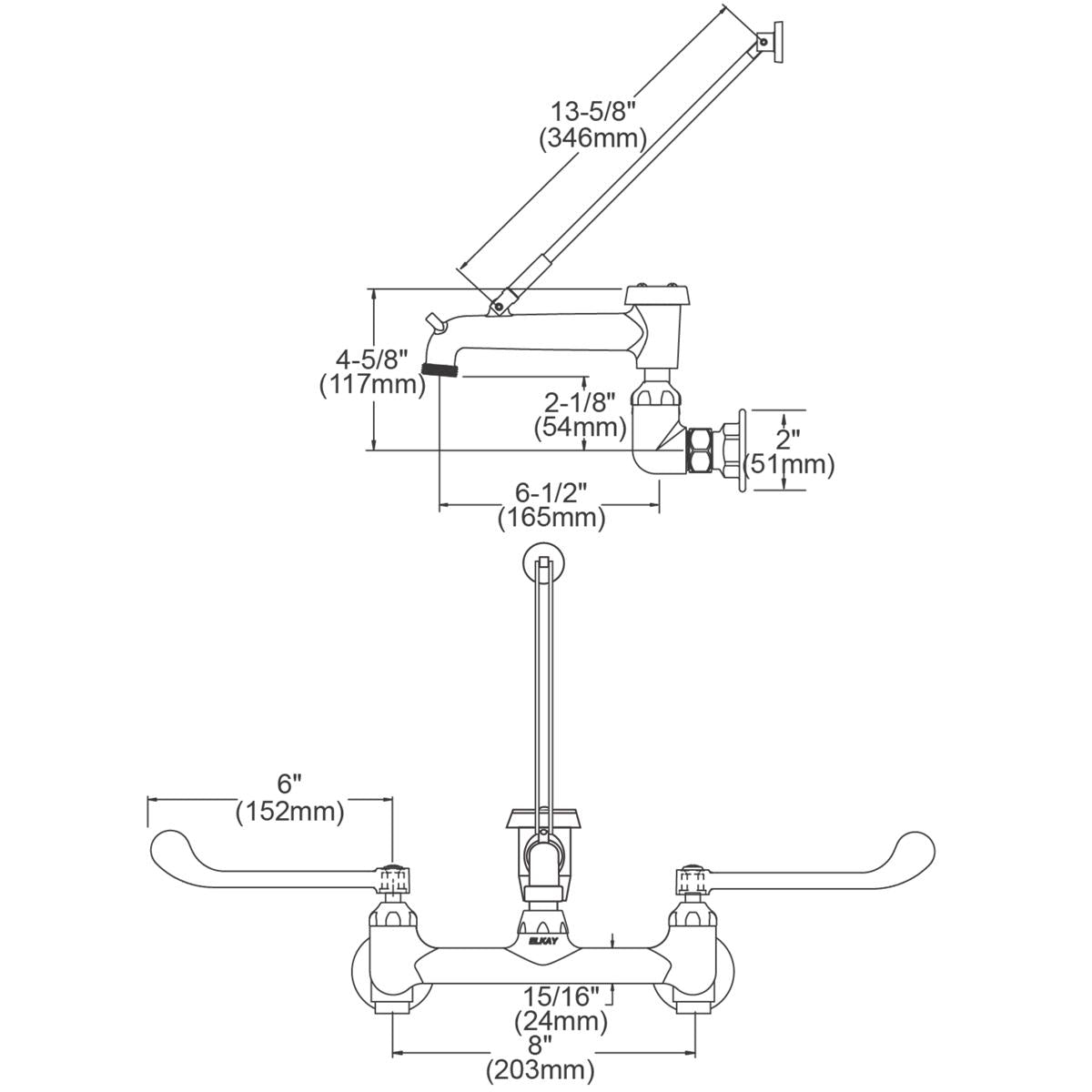 Chrome wall-mount faucet with 6" wristblade handles, angled spout with bucket hook, and dimensional specifications labeled.