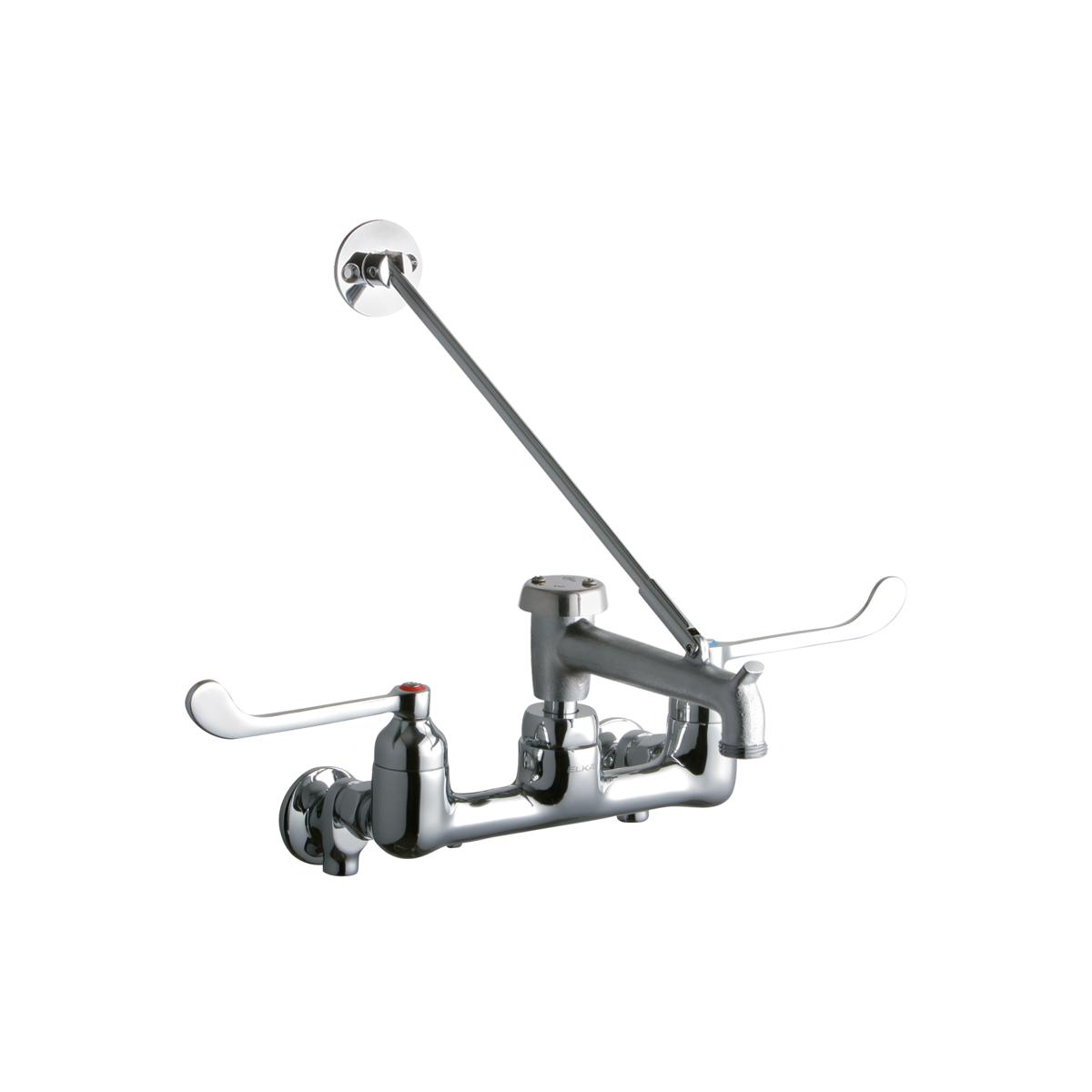 Chrome wall-mount faucet with dual wristblade handles, bucket hook spout, and wall inlet connections.